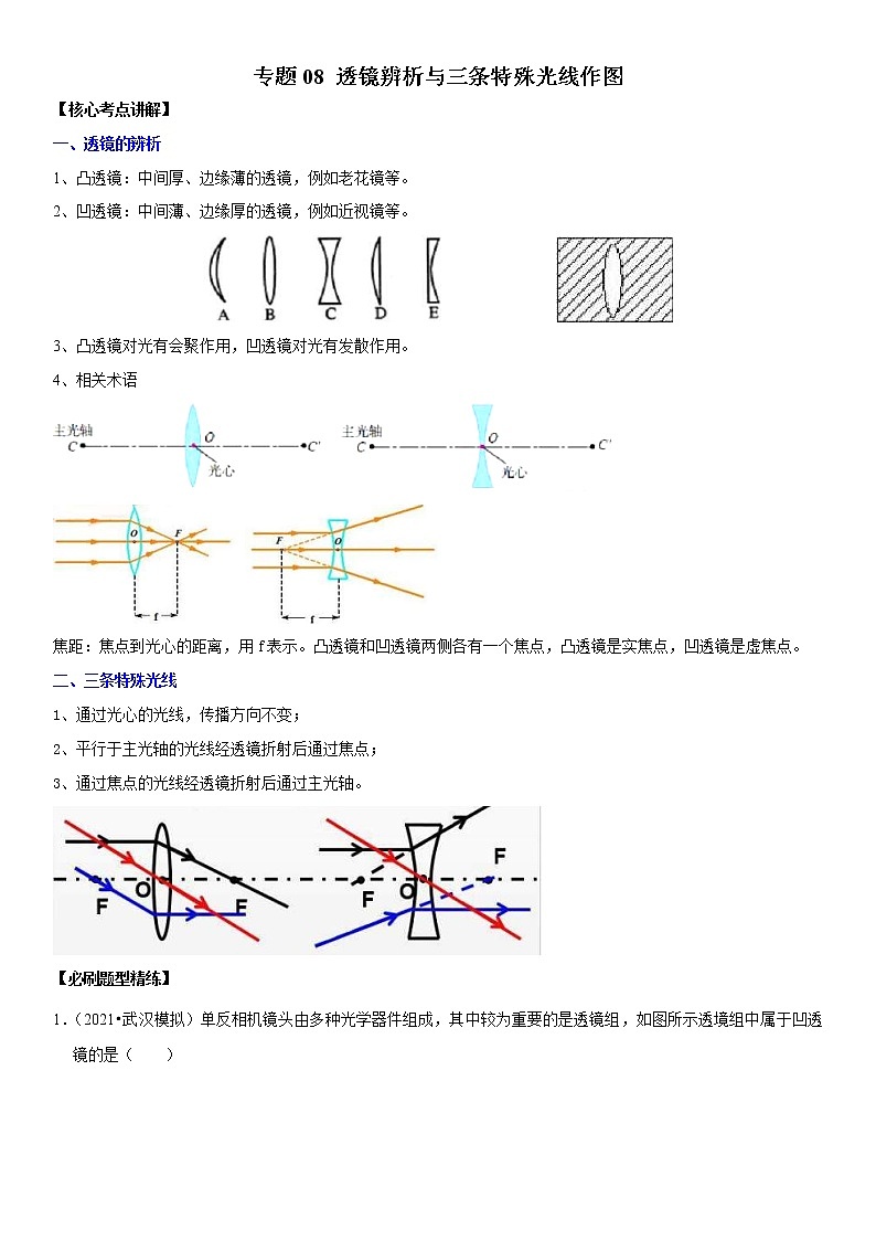 中考物理二轮复习考点讲解与题型练习专题08 透镜辨析与三条特殊光线作图（教师版）第1页
