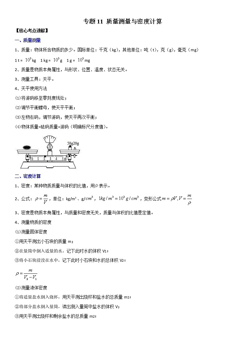 中考物理二轮复习考点讲解与题型练习专题11 质量测量与密度计算（教师版）第1页
