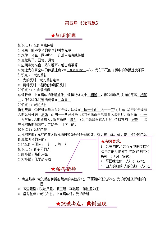 中考物理一轮复习知识点梳理+课时练习4光现象 (含详解)第1页