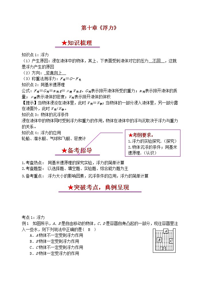 中考物理一轮复习知识点梳理+课时练习10浮力 (含详解)第1页