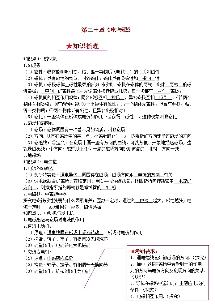 中考物理一轮复习知识点梳理+课时练习20电与磁 (含详解)01