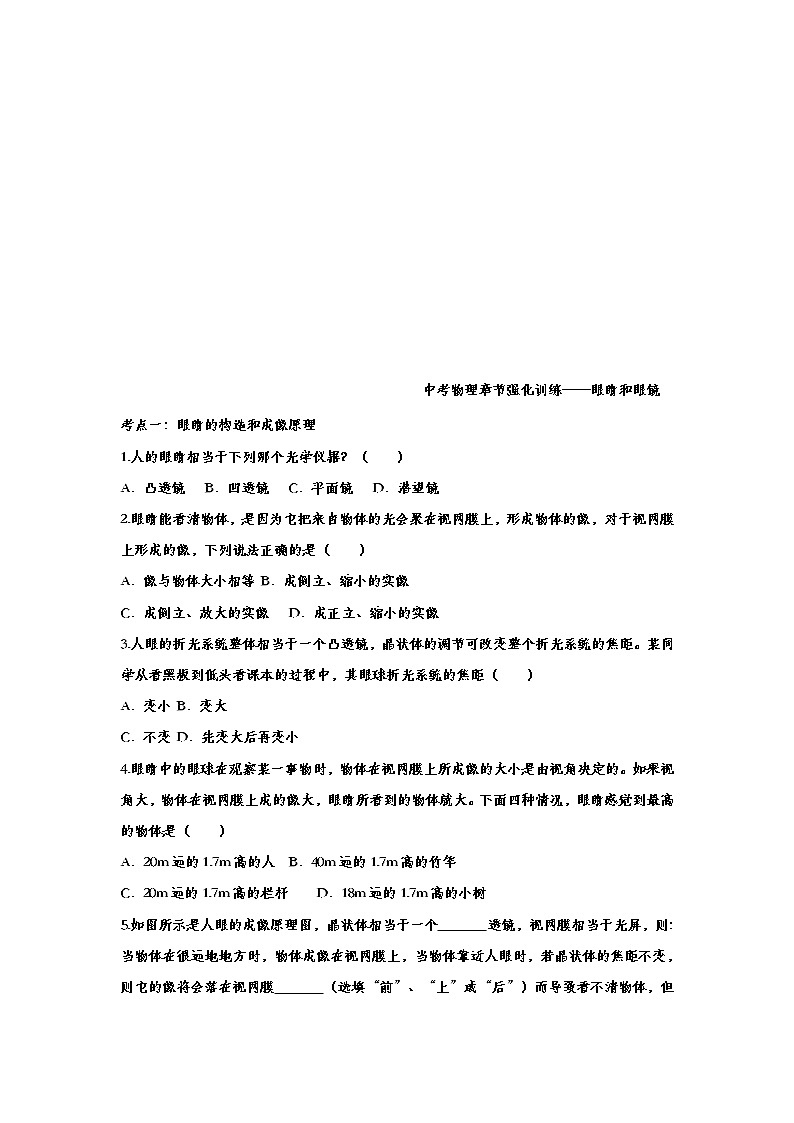 中考物理一轮复习强化训练——眼睛和眼镜 (含答案)第1页