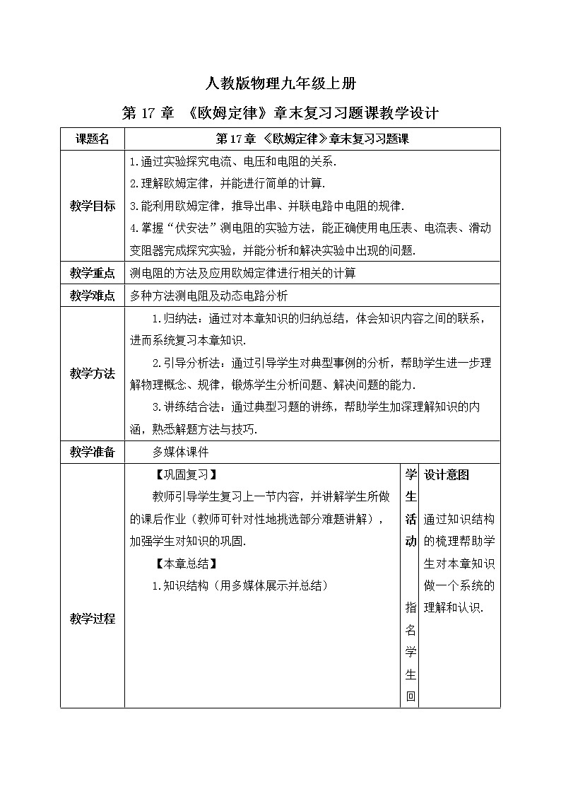 第17章《欧姆定律》章末复习习题课ppt课件+教学设计+单元测试卷（含参考答案与解析）01