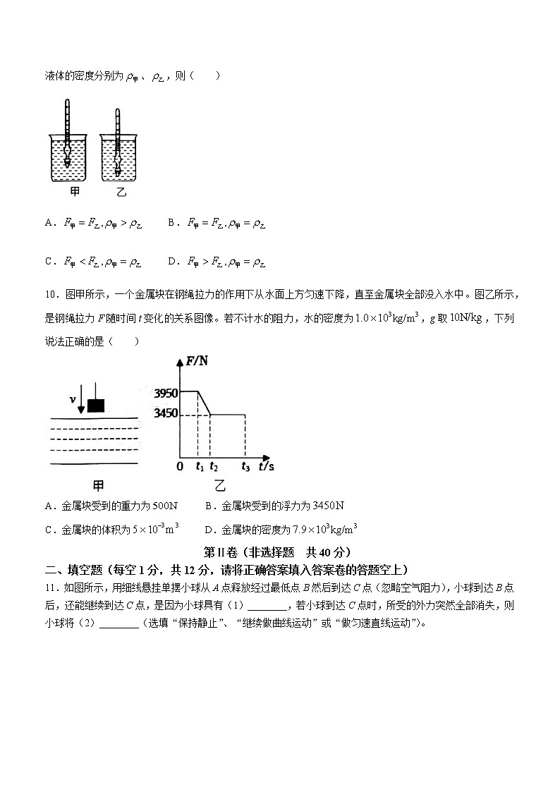 山东省济宁市金乡县2022-2023学年八年级下学期期中物理试题（含答案）03
