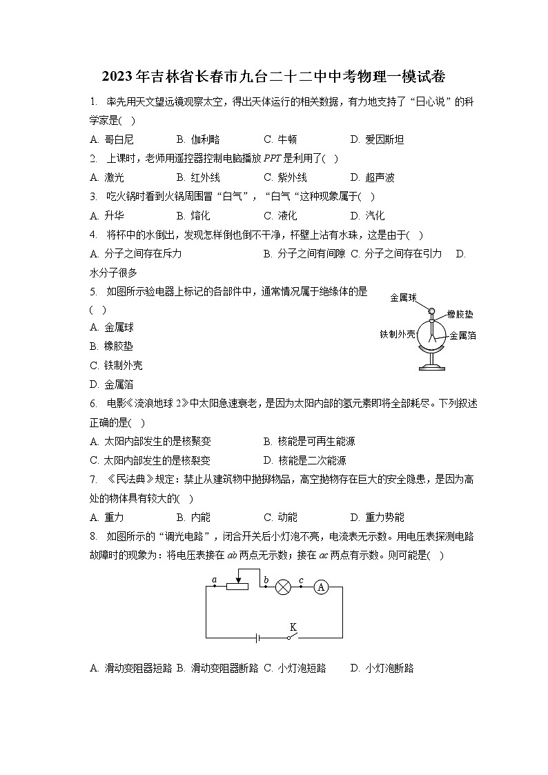 2023年吉林省长春市九台二十二中中考物理一模试卷（含答案解析）01