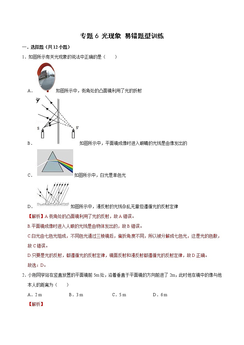 中考物理二轮复习易错考点精讲精练专题6 光现象 易错题型训练（教师版）第1页
