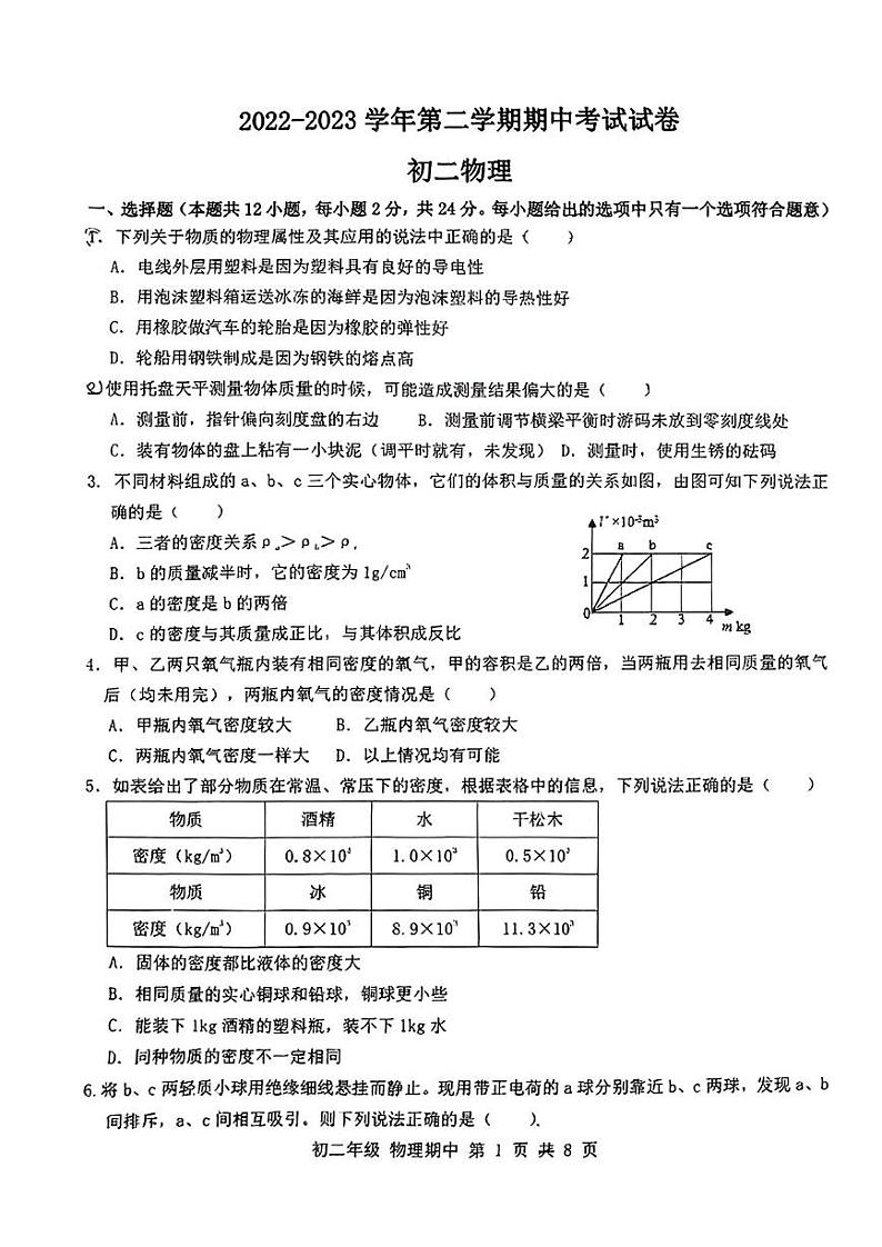 江苏省苏州市部分学校2022-2023学年下学期期中考试八年级物理试卷第1页