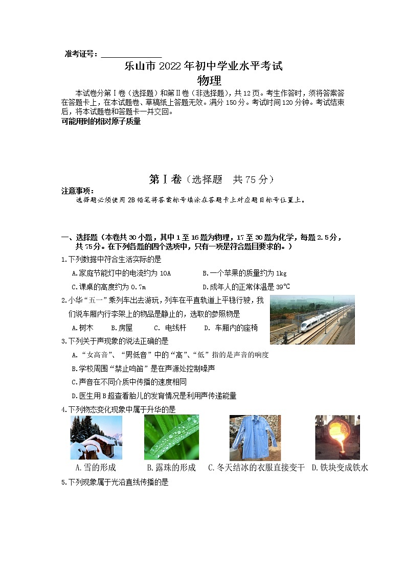 2022年四川省乐山市中考物理真题01