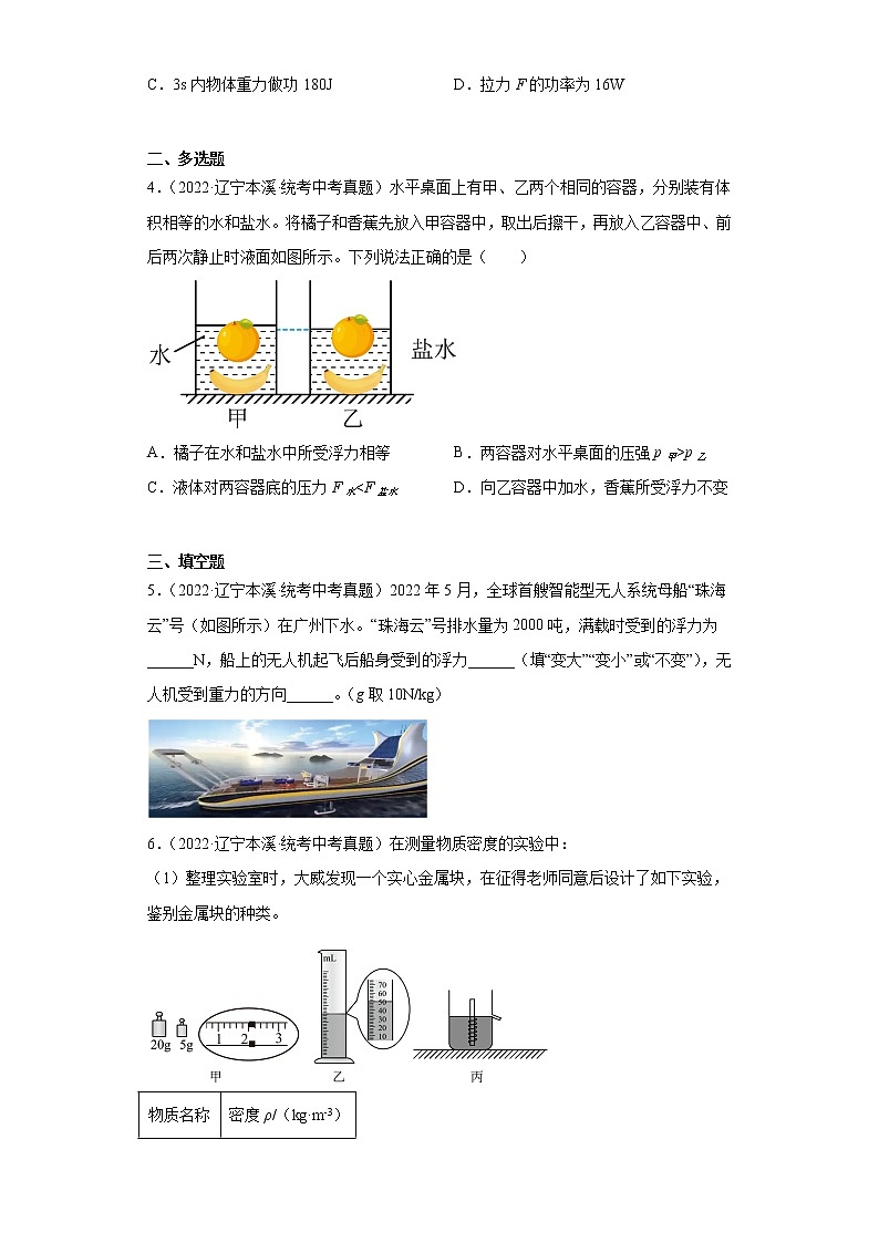 辽宁省本溪市2020-2022三年中考物理真题分类汇编-02力学（压强、浮力、做功和机械能、简单机械及机械效率）第2页