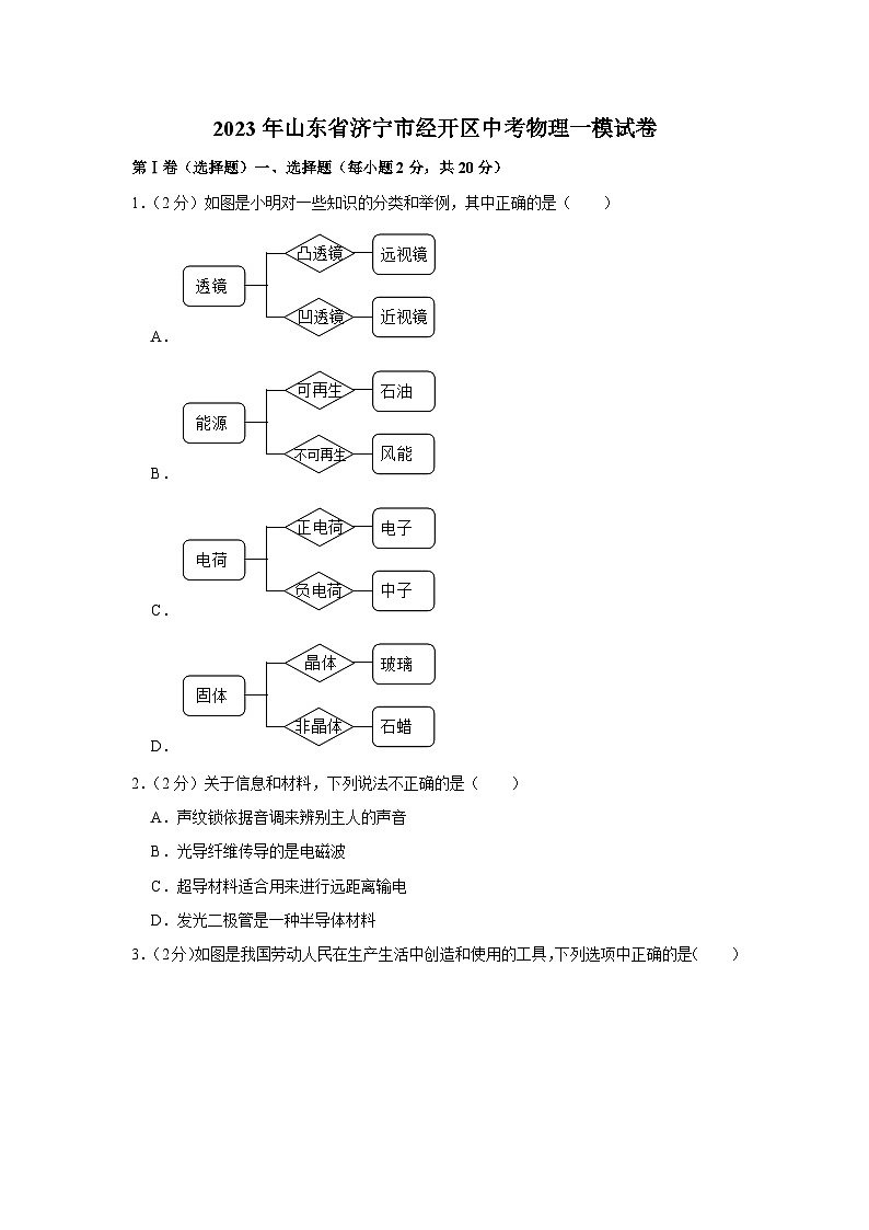 2023年山东省济宁市经开区中考物理一模试卷(含答案)01