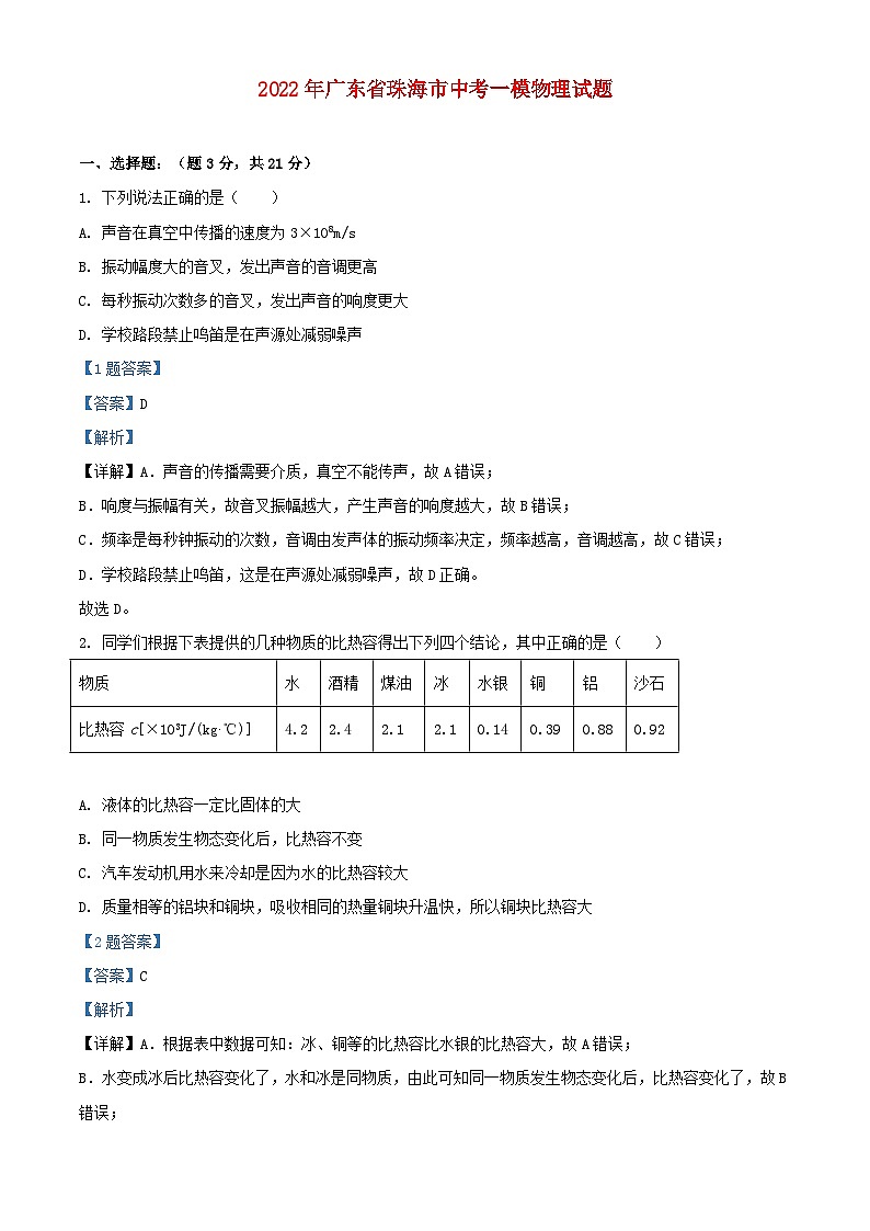 广东省珠海市2022年中考物理一模试题含解析01