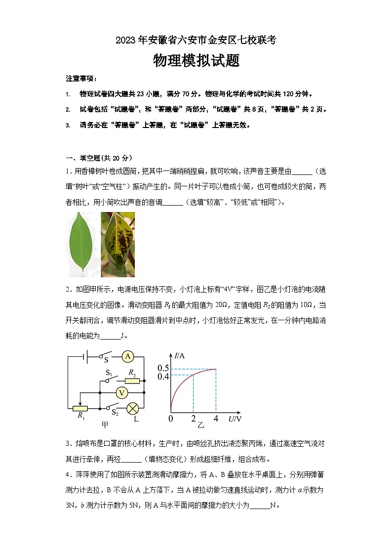 2023年安徽省六安市金安区七校联考中考模拟物理试卷（含答案）第1页