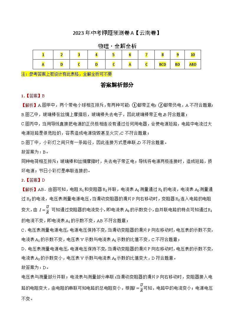 2023年中考押题预测卷01（云南卷）-物理（全解全析）01