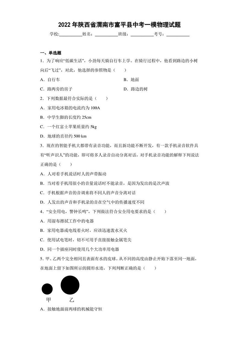 2022年陕西省渭南市富平县中考一模物理试题01