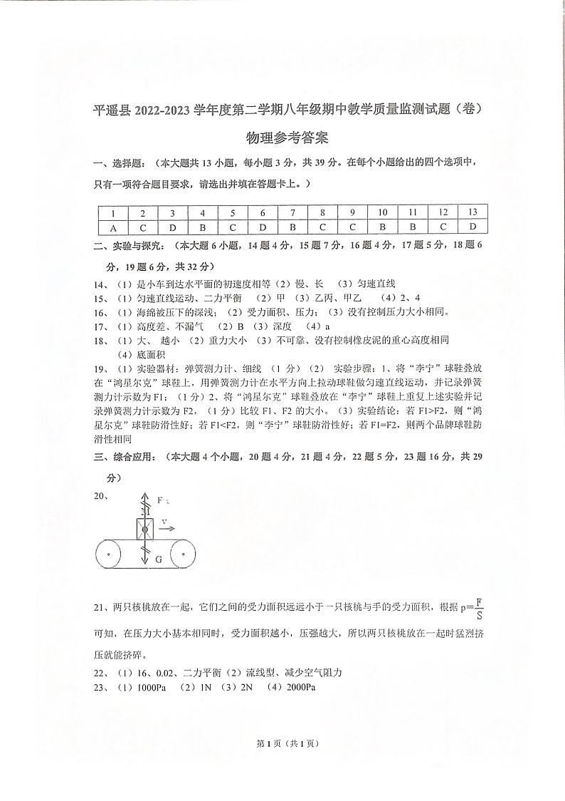 平遥县2022-2023学年度第二学期八年级期中教学质量监测试题物理答案第1页