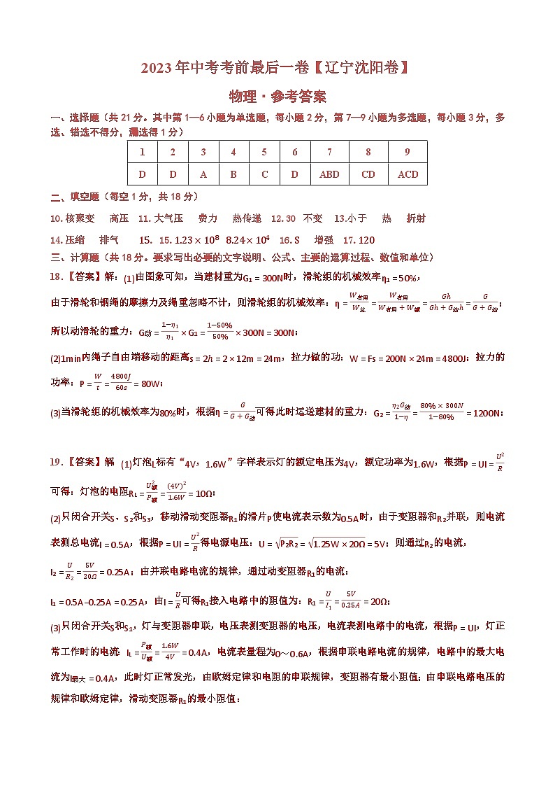 物理（辽宁沈阳卷）-【试题猜想】2023年中考考前最后一卷（考试版+答题卡+全解全析+参考答案）01