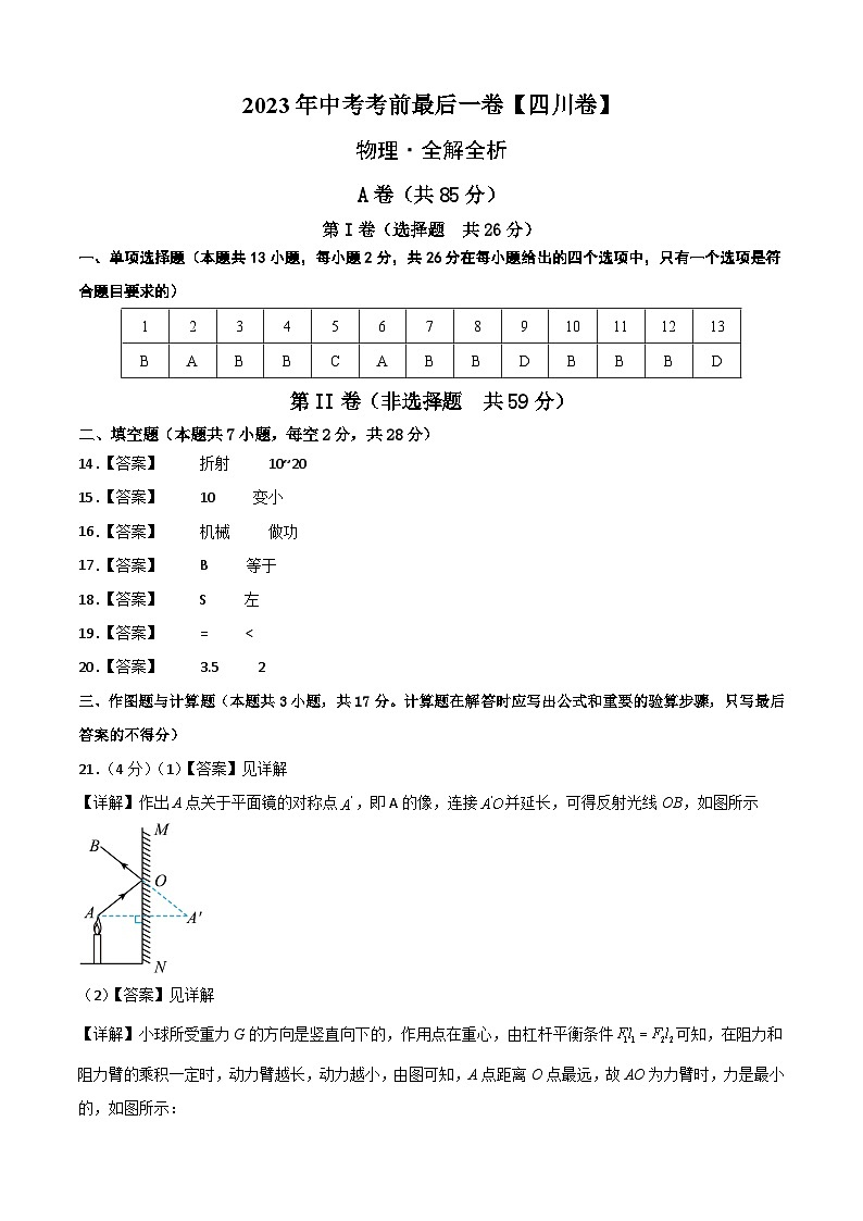 物理（四川卷）-【试题猜想】2023年中考考前最后一卷（参考答案）第1页