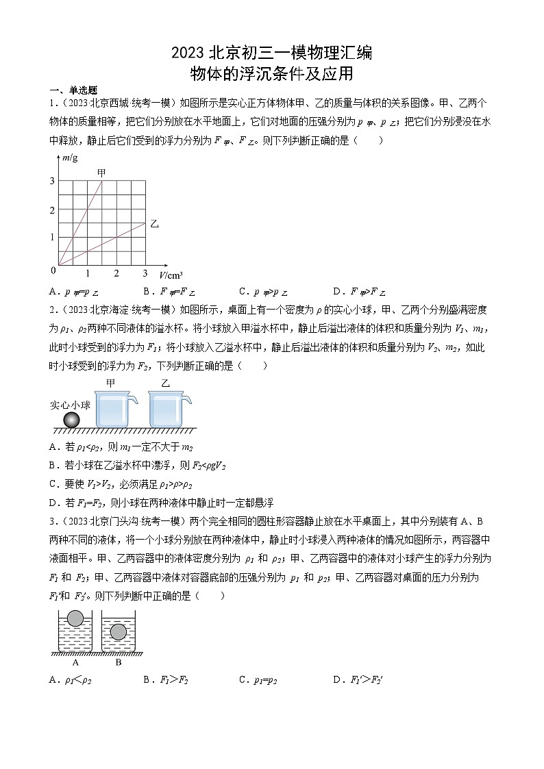 2023年北京初三一模物理分类汇编：物体的浮沉条件及应用 试卷01