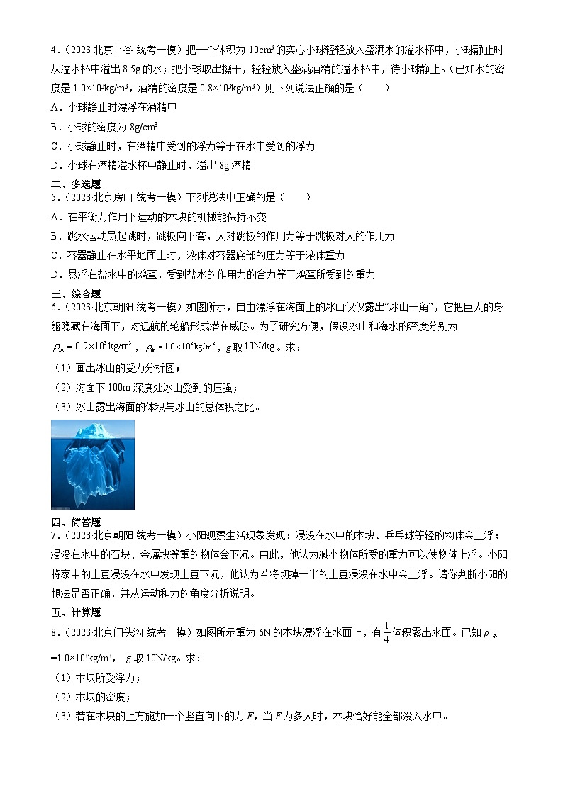 2023年北京初三一模物理分类汇编：物体的浮沉条件及应用 试卷02