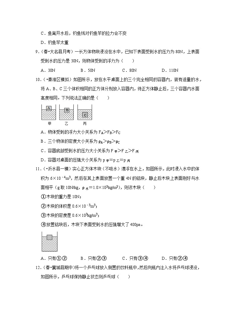 人教版八年级下册物理  第10章《浮力》单元测试卷（原卷版）第3页