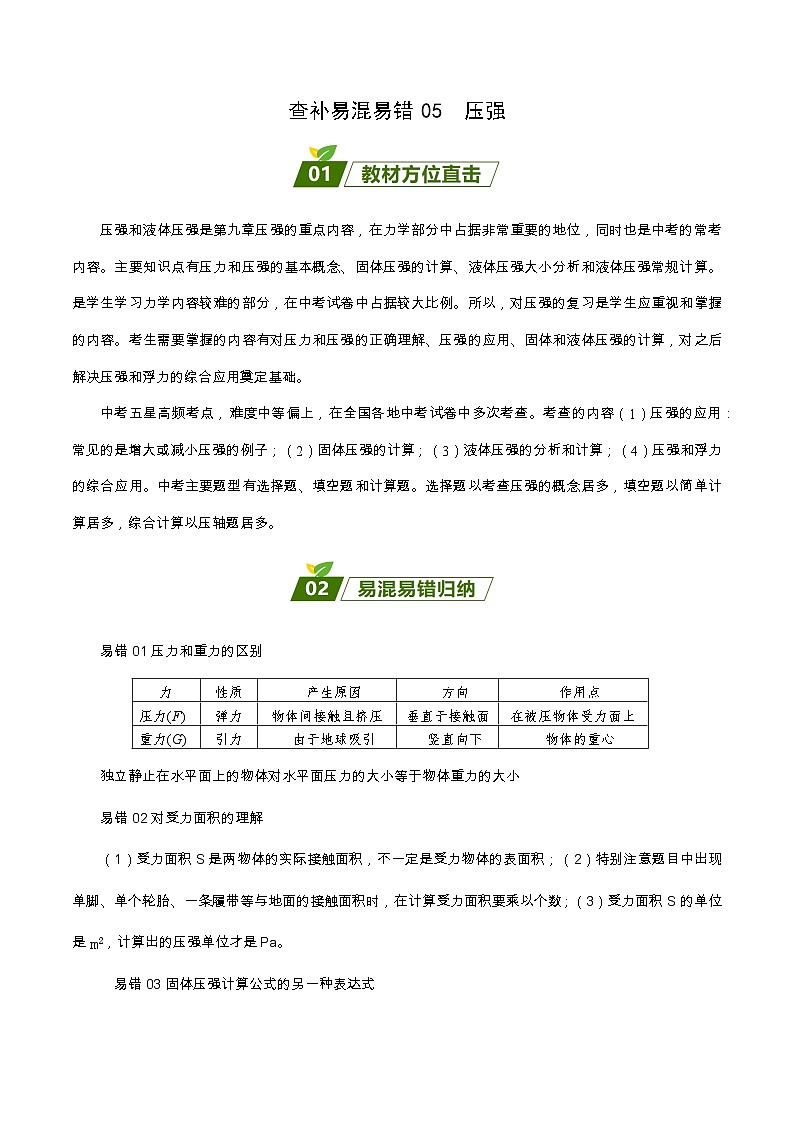 查补易混易错点05  压强-中考物理三轮冲刺过关（全国通用） 试卷01