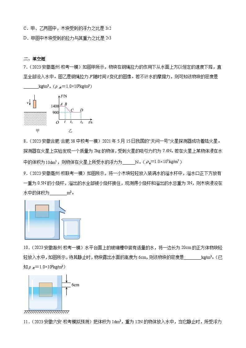 2023年安徽省各地九年级物理中考一轮模拟试题分类选编：浮力03