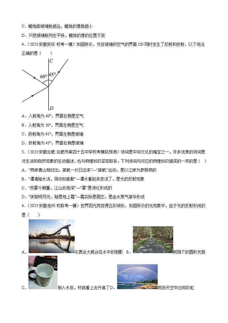 2023年安徽省各地九年级物理中考一轮模拟试题分类选编：光现象02