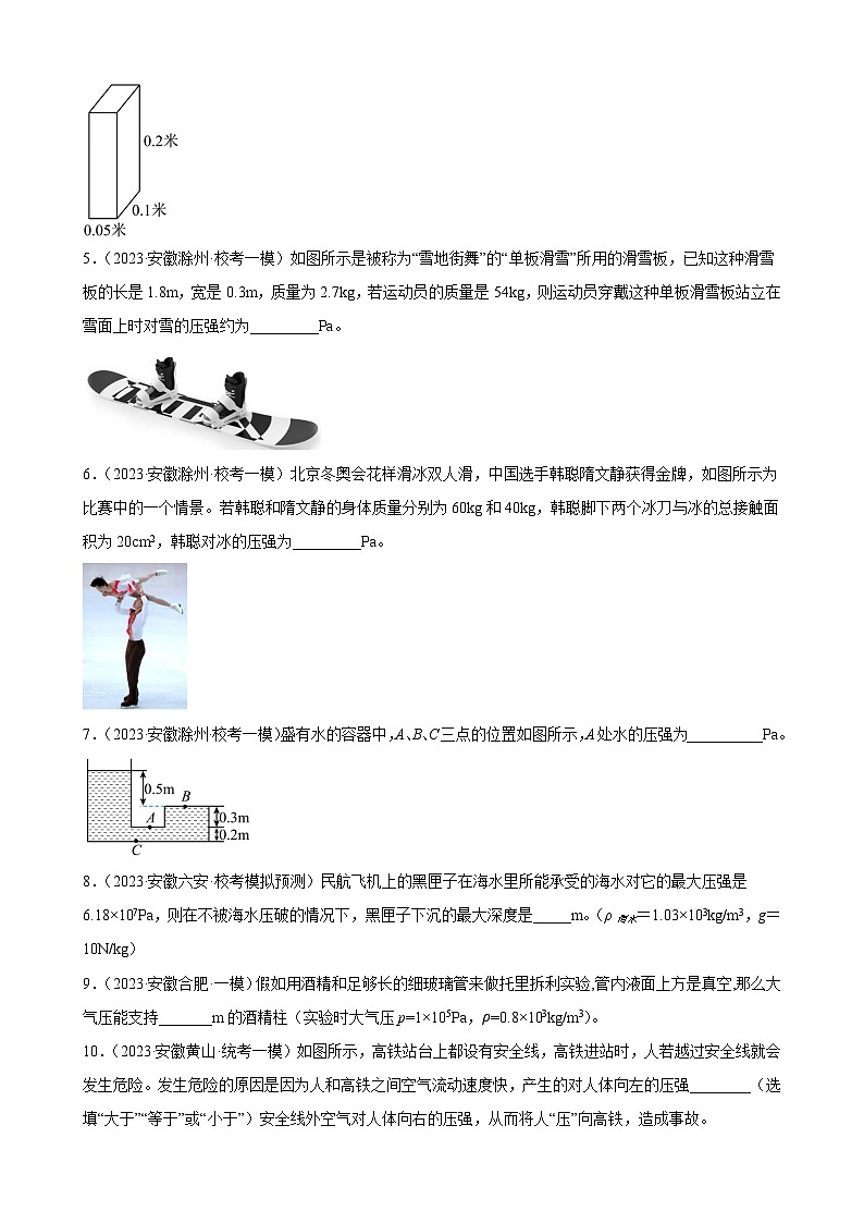 2023年安徽省各地九年级物理中考一轮模拟试题分类选编：压强02