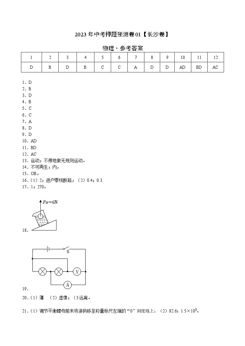 2023年中考物理押题卷01（长沙卷）（参考答案）第1页