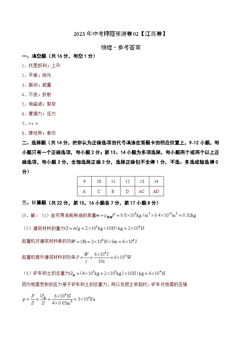 2023年中考物理押题卷02（江西卷）（参考答案）第1页