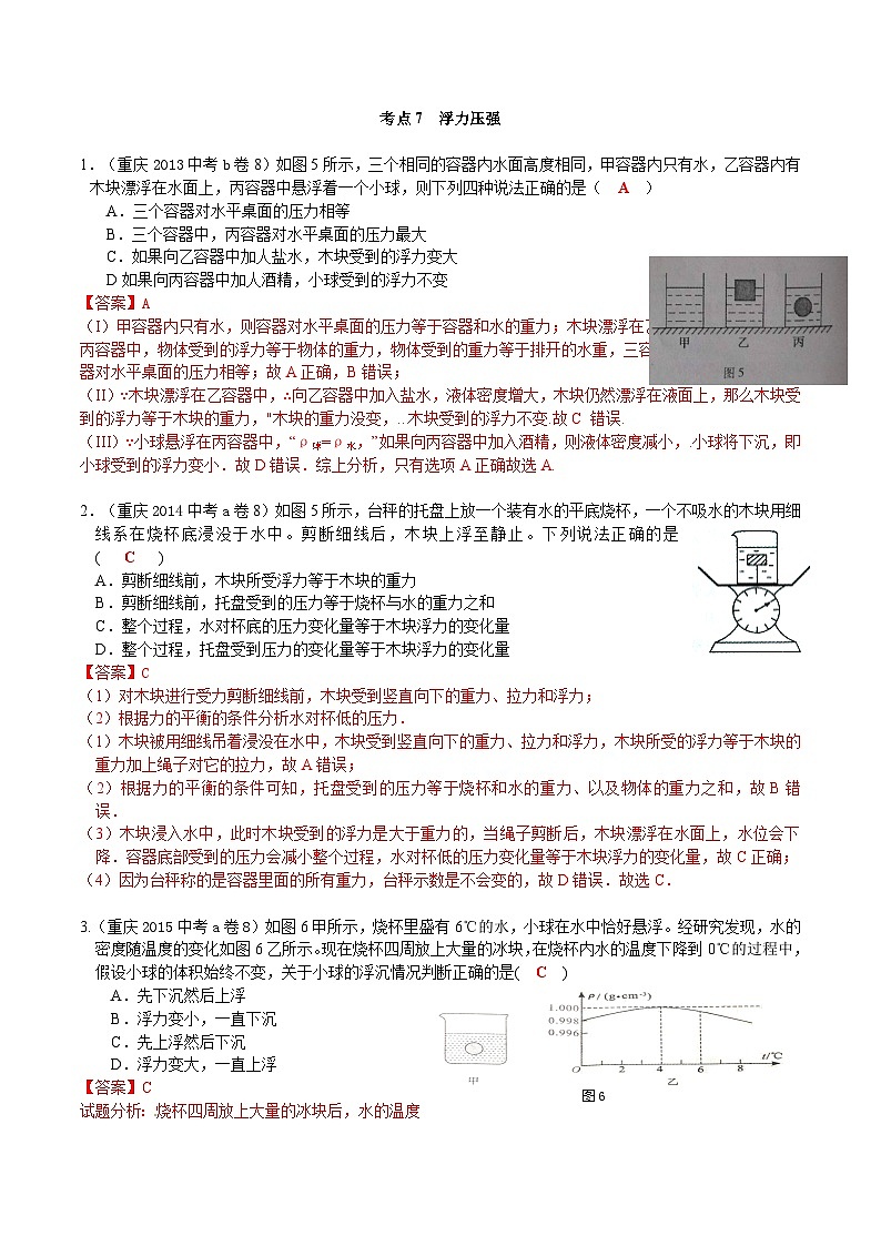 重庆2013-2022十年中考物理分类汇编选择题专题7 浮力压强答案详解第1页