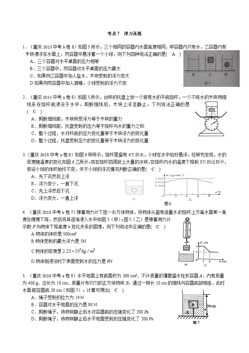 重庆2013-2022十年中考物理分类汇编选择题专题7 浮力压强答案简版第1页