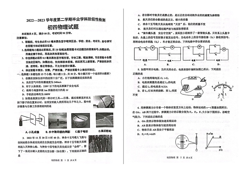 2023年山东省淄博市张店区中考二模物理试题第1页