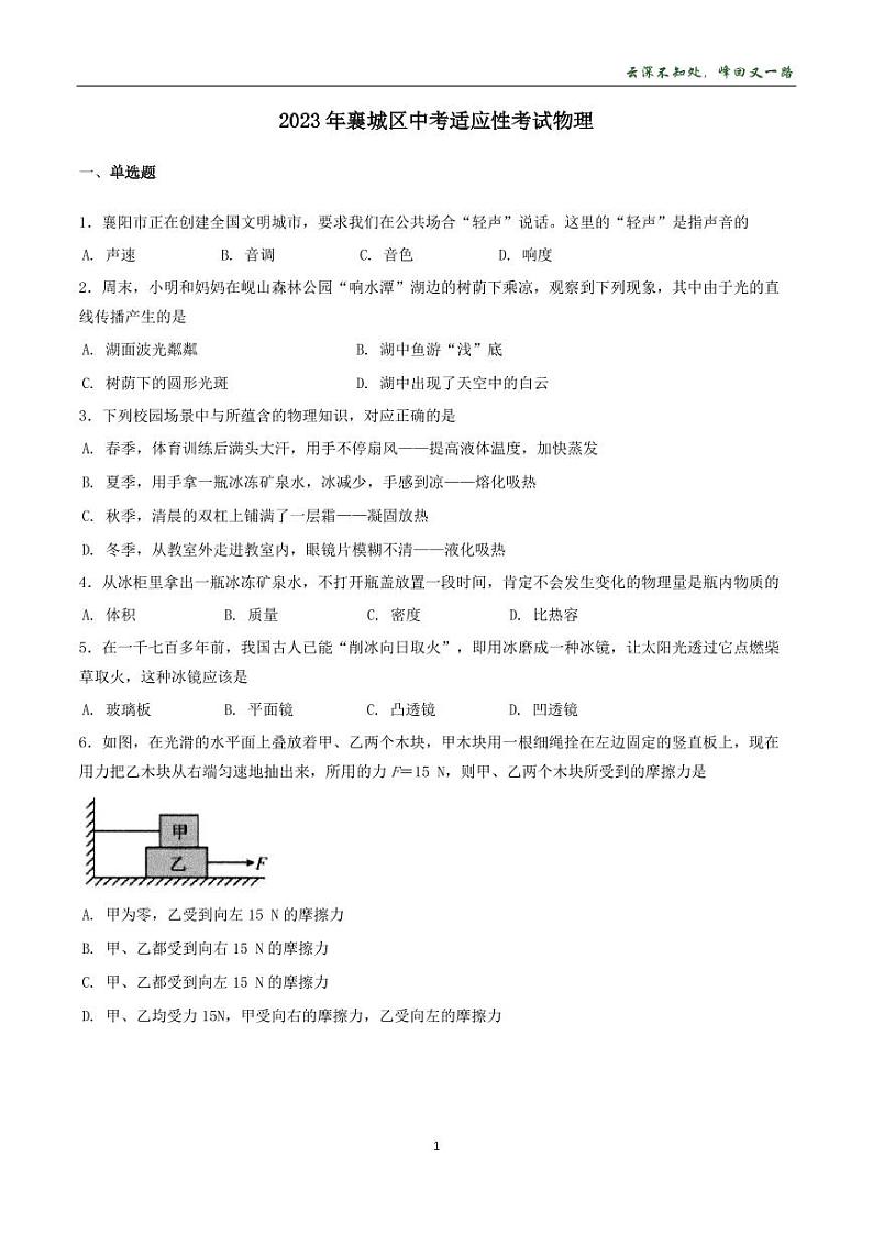 2023年湖北省襄阳市襄城区中考适应性考试物理试卷01