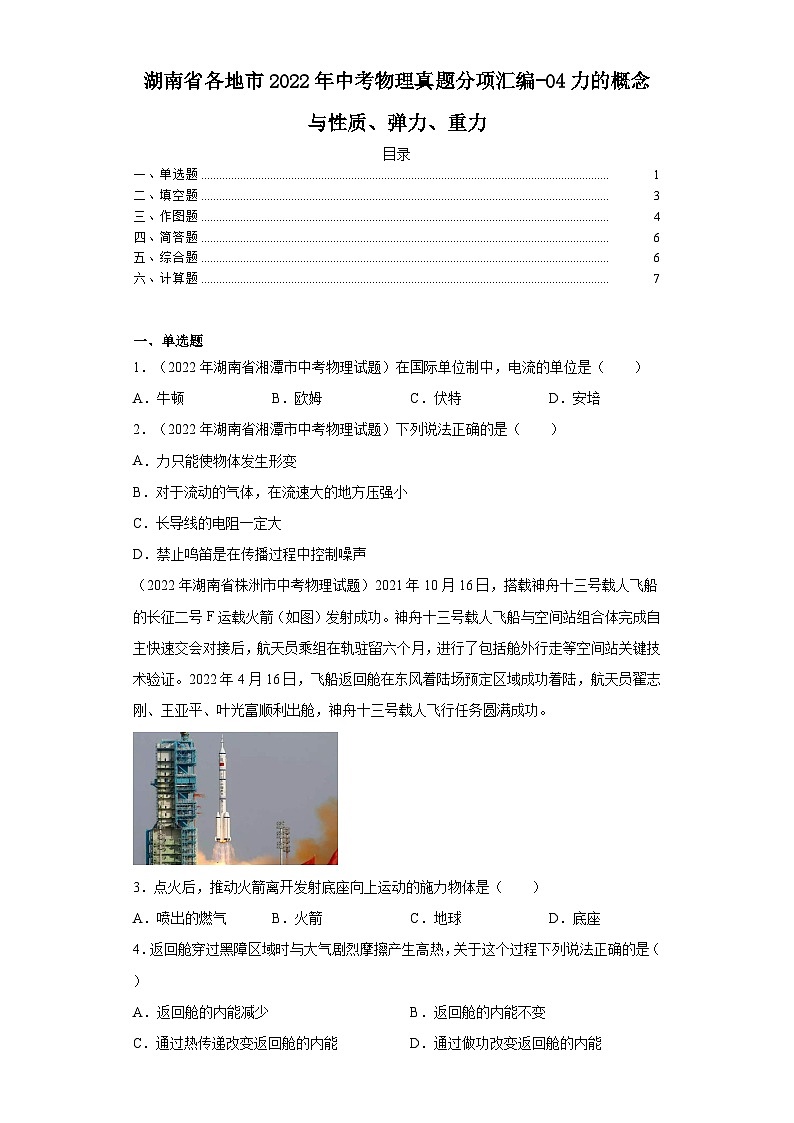 湖南省各地市2022年中考物理真题分项汇编-04力的概念与性质、弹力、重力01