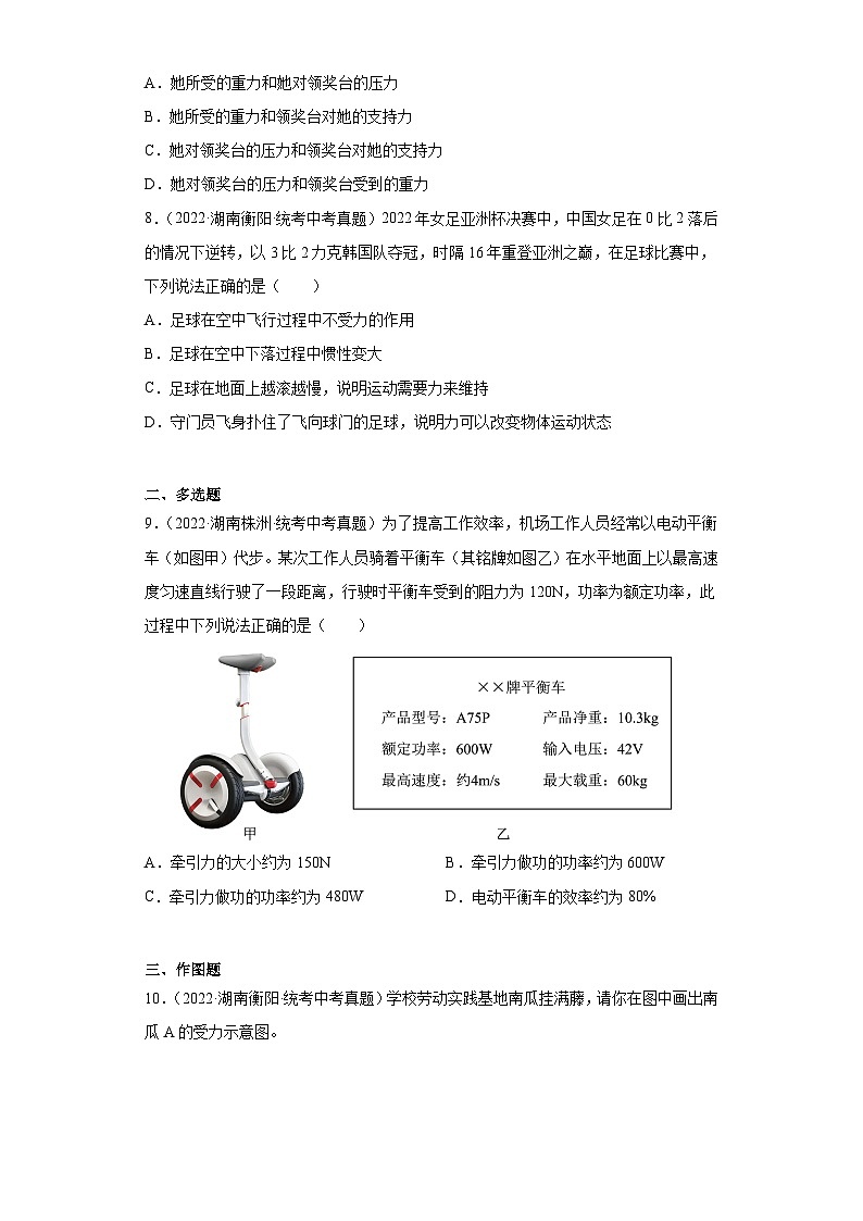 湖南省各地市2022年中考物理真题分项汇编-07二力平衡的条件及其应用第3页