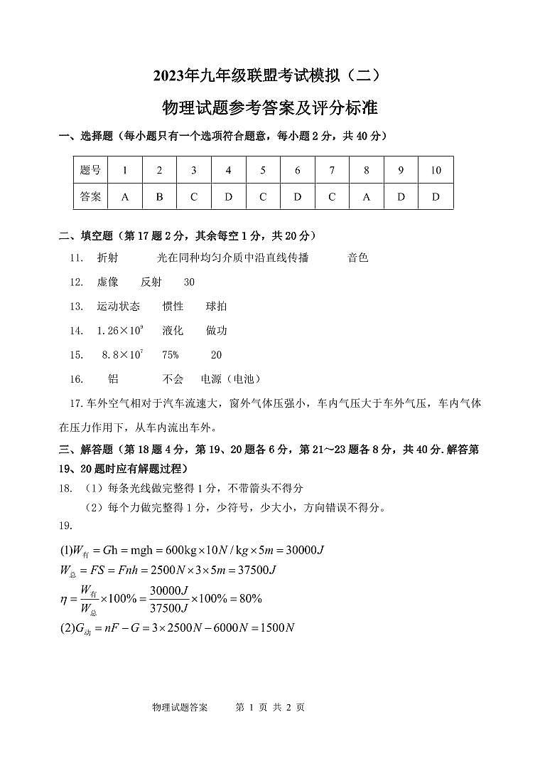 二模物理试题答案第1页