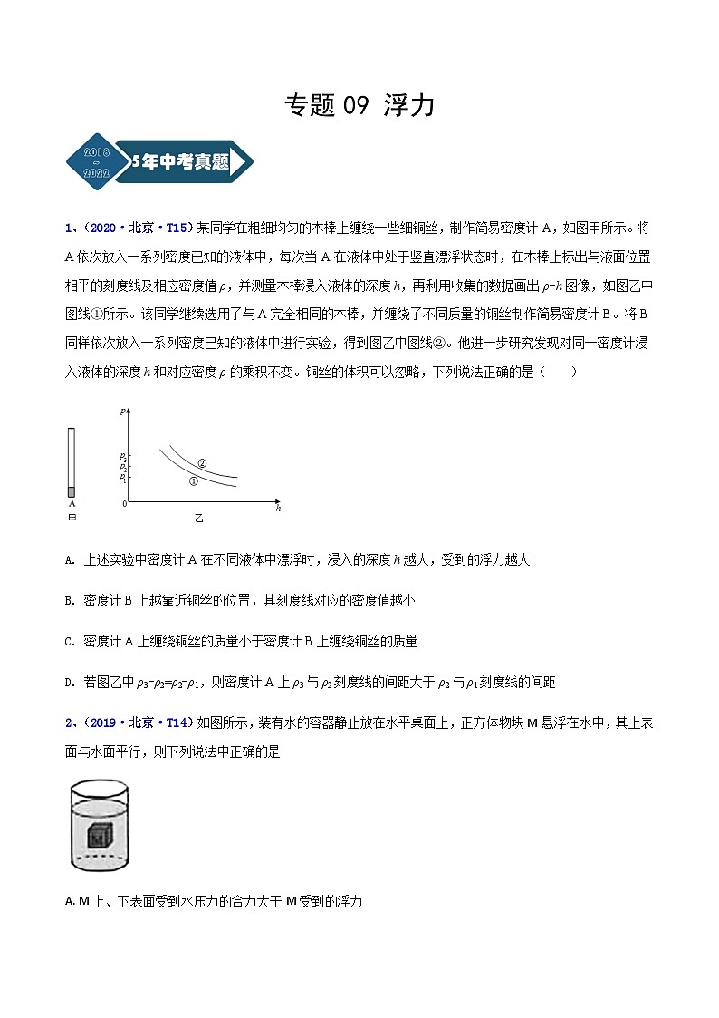 专题09 浮力--5年（2018-2022）中考1年模拟物理分项汇编（北京专用）（原卷版）第1页