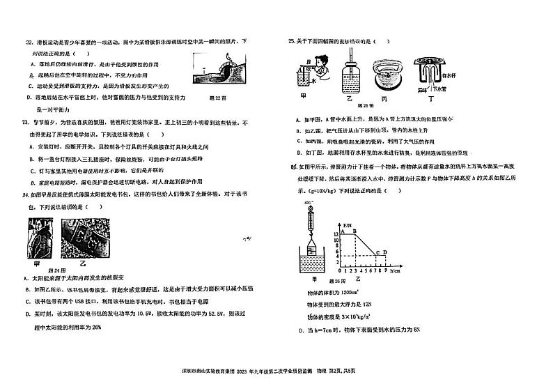 广东深圳南山区南实集团2023届九年级中考二模物理试卷+答案第2页