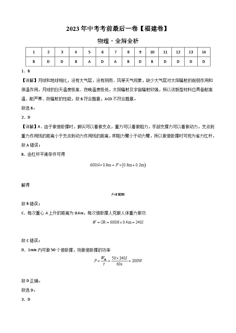 物理（福建卷）-【试题猜想】2023年中考考前最后一卷（考试版+答题卡+全解全析+参考答案）01