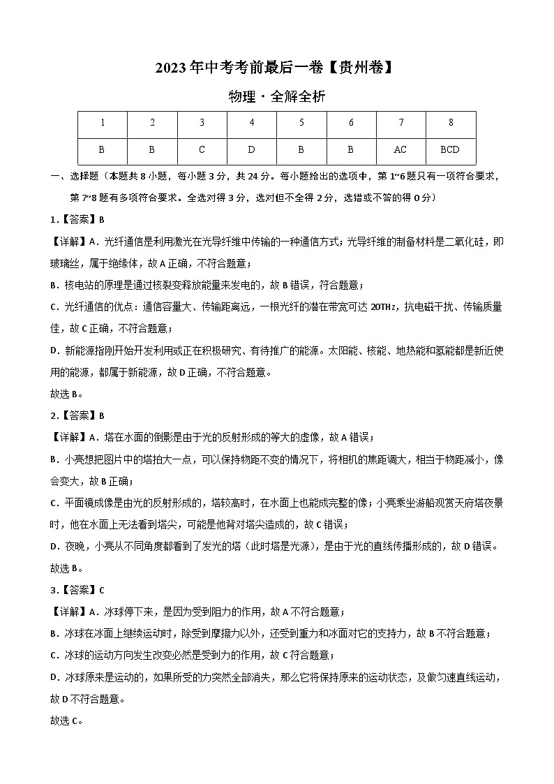 物理（贵州卷）-【试题猜想】2023年中考考前最后一卷（全解全析）第1页