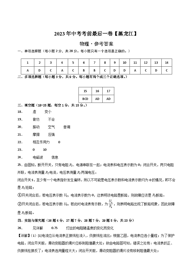 物理（黑龙江卷）-【试题猜想】2023年中考考前最后一卷（参考答案）第1页
