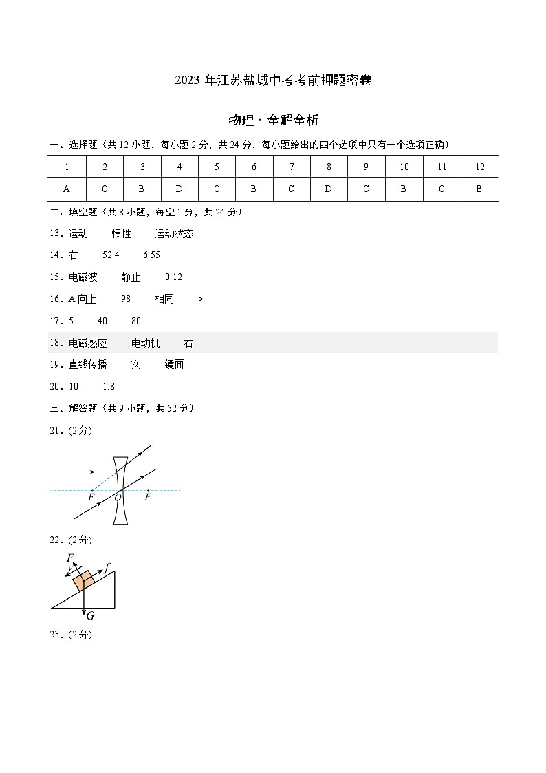 2023年中考考前最后一卷：物理（江苏盐城卷）（参考答案）01