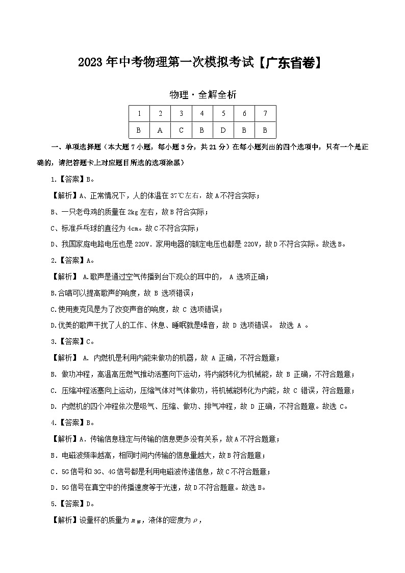 （广东省卷）2023年中考物理第一次模拟考试（全解全析）第1页