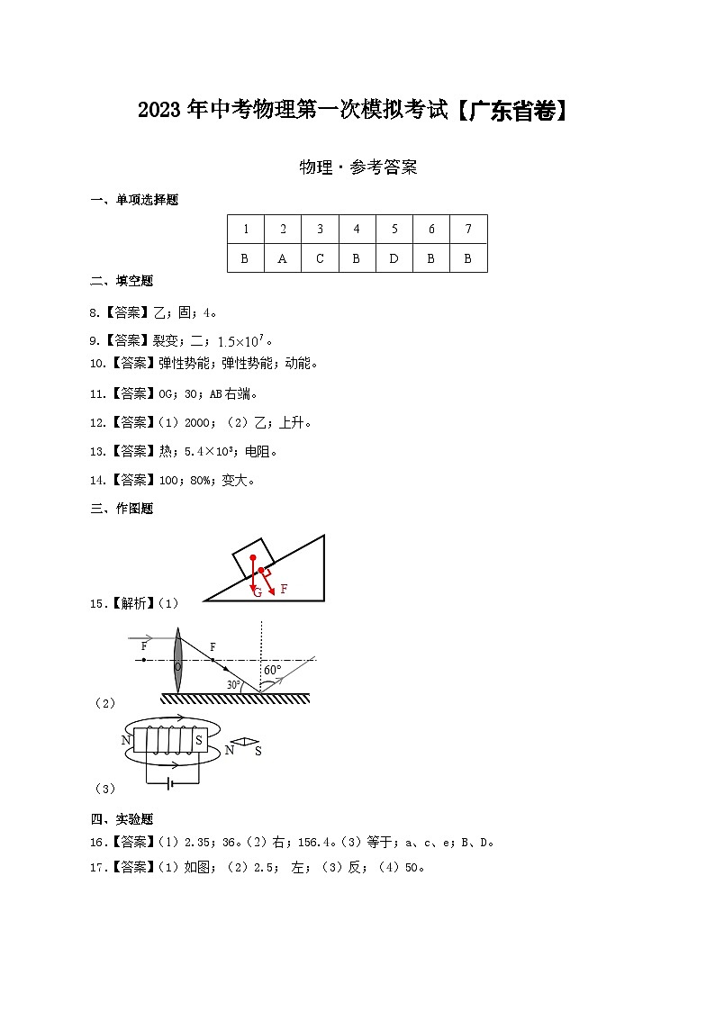 （广东省卷）2023年中考物理第一次模拟考试（参考答案）第1页