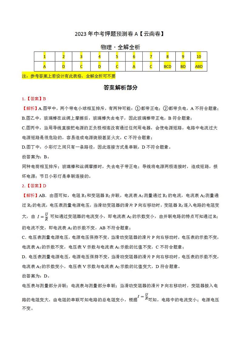 2023年中考押题预测卷01（云南卷）-物理（全解全析）第1页