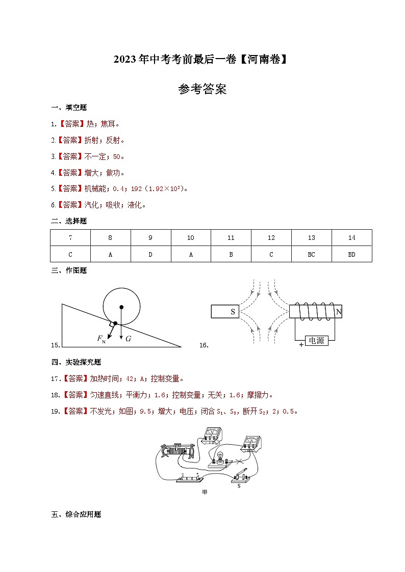 物理（河南卷）2023年中考考前最后一卷（参考答案）01