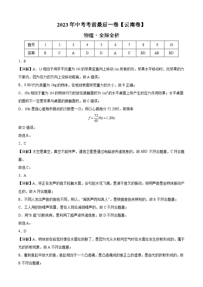 物理（云南卷）2023年中考考前最后一卷（全解全析）01