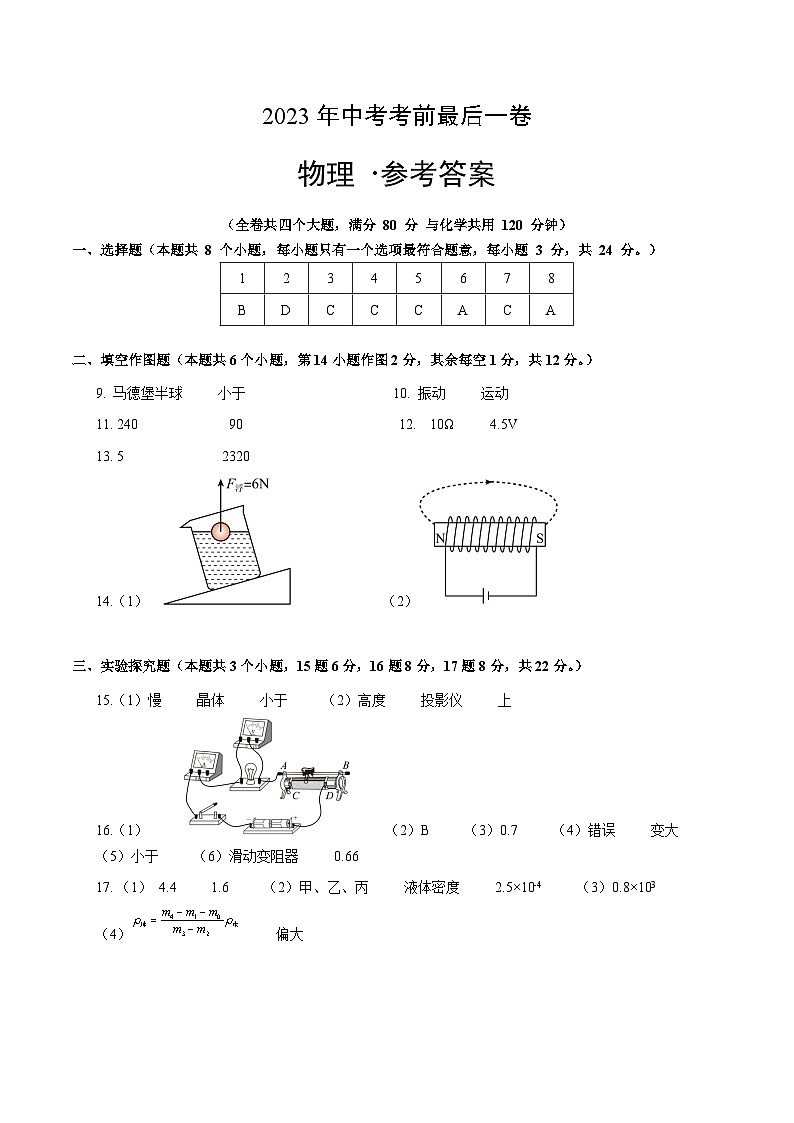 物理（重庆卷）2023年中考考前最后一卷（参考答案）01