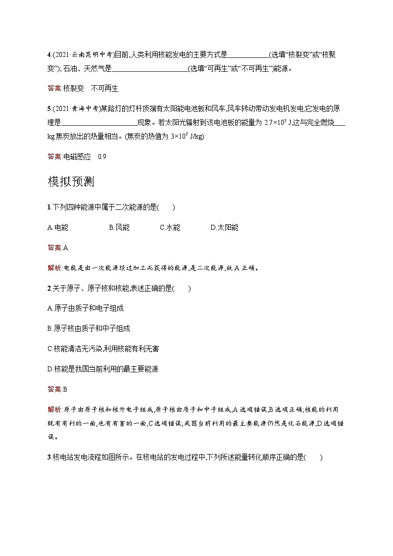 人教版中考物理总复习第六单元电与磁信息能源第22课时能源与可持续发展习题含答案02